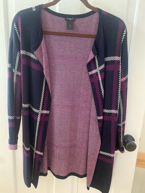 Ann Taylor Navy & Purple Plaid Open Front Cardigan
